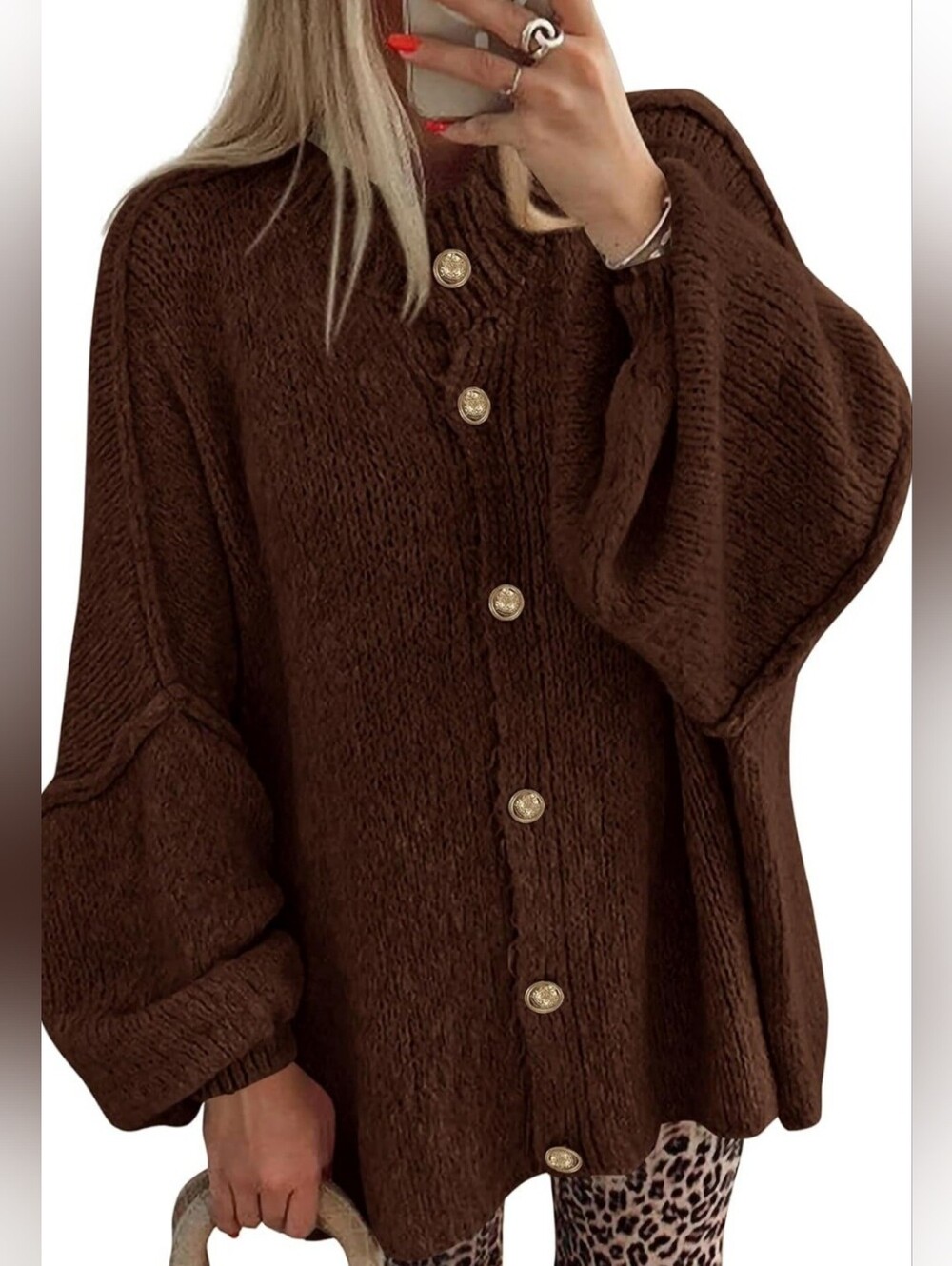 Pretty Garden Cozy Chunky Knit Button-Up Cardigan - Chocolate Brown S
